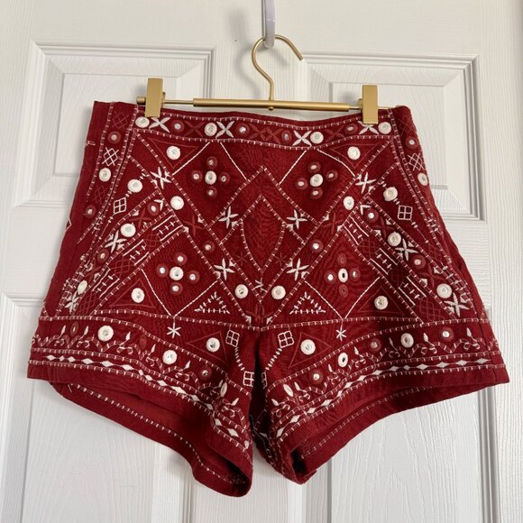 🌞 ZARA Embroidered Bermuda Shorts Terracotta Rust Red Mirror Embellished Medium - Picture 7 of 15